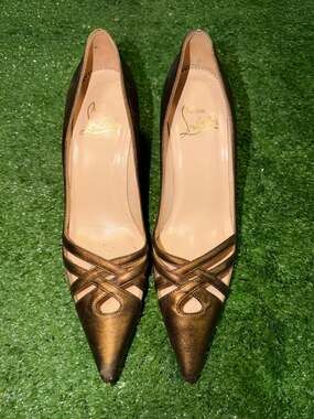 Christian Louboutin Scissor Girl Metallic Bronze Leather Strappy Pointed 36.5